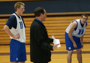 Coach K instructs Singler and Plumlee