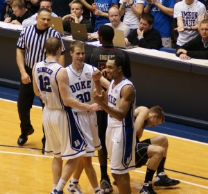 Duke begins to celebrate as FSU tried in vain to draw a foul - BDN Photo