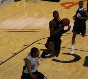 Harrison Barnes goes airborne during his first game at the NBAPA Top 100 Camp,  BDN will be throwing out timely updates all weekend long.  Photo c/r BDN Photo