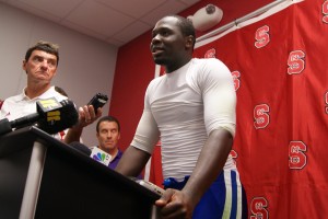 Lewis speaks with the media after leading Duke to win on the road at N.C. State