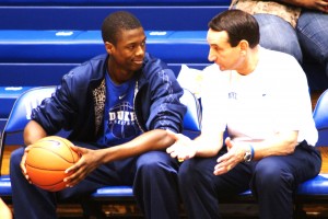 Barnes sports a Duke T-Shirt while talking to K - this picture is copyrighted by Blue Devil Nation and cannot be used without prior permission
