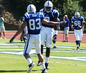 Duke's Austin Kelly and Thaddeus Lewis celebrate a touchdown - BDN Photo