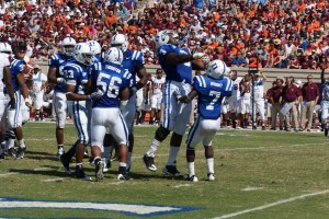 Vince celebrates a sack - BDN Photo