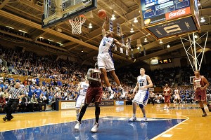 Nol;an Smith throws one down during Duke's 20 point win over Boston College - Lance King Photo