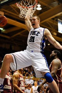 Miles Plumlee flushes down a dunk in Duke's win over Boston College - Lance King Images