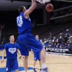Miles Plumlee throws one down in practice which took place in the Jacksonville Veterans Memorial Arena