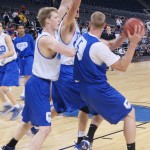 Zoubek helps Singler shut Pumlee down during a practice in Houston - BDN Photo