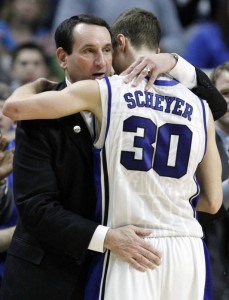 Coach K shares a moment with Duke senior Jon Scheyer