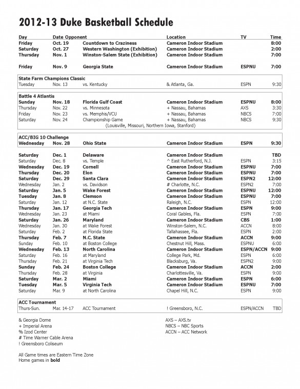 duke basket ball schedule